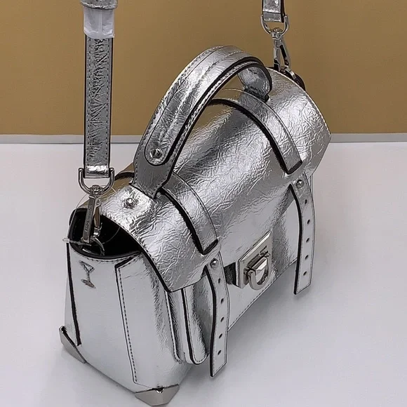 MICHAEL KORS MANHATTAN MEDIUM TOP HANDLE SCHOOL SATCHEL CROSSBODY BAG SILVER - Picture 10 of 16